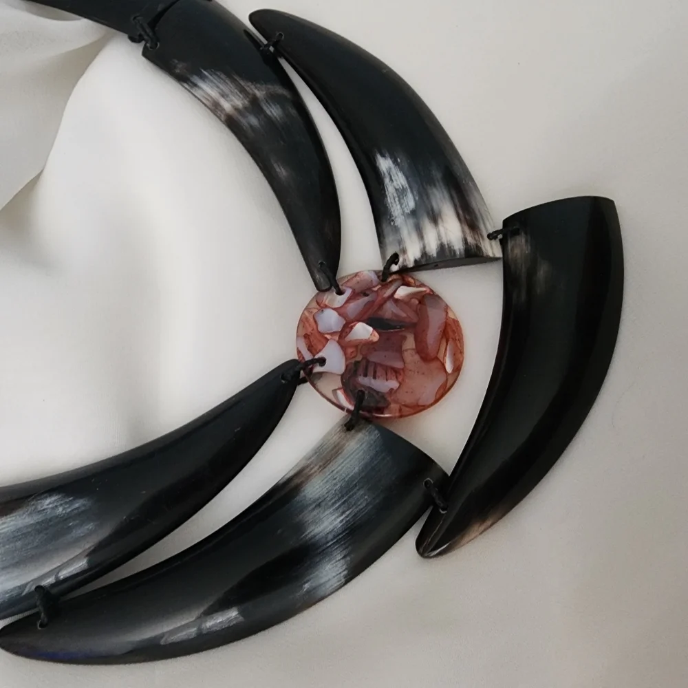 Vintage Buffalo Horn & Shell Statement Necklace Handmade Tribal Artisan